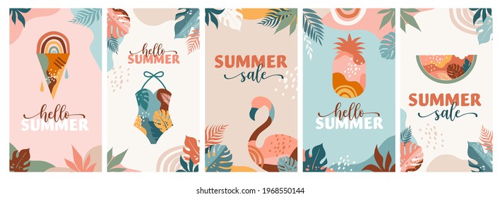 Verano bohemio, conjunto de diseños modernos de plantillas de historia de verano con arcoiris, flamingo, piña, helado y sandía 