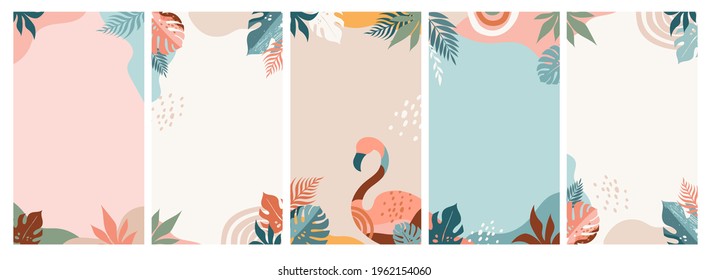 Bohemian Summer, Set Of Modern Summer Story Template Designs With Rainbow, Flamingo, Pineapple, Ice Cream And Watermelon 