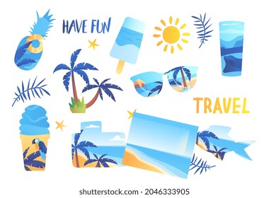 Bohemian Summer Stickers. Collection of icons with sunglasse, ice cream, camera, palm tree and sun. Design element for printing on fabric or paper. Cartoon flat vector set isolated on white background