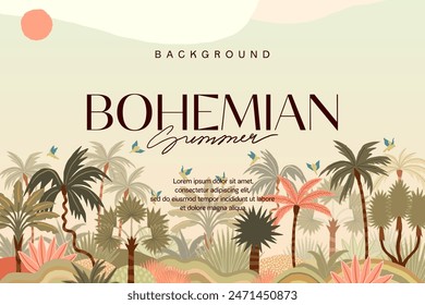 Bohemian Summer tropical background with palms and sun. Exotic botanical design for hotel, spa, travel agency	
