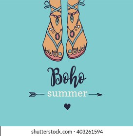 Bohemian summer, vector poster with woman's sandals