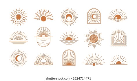 Bohemian sun. Abstract boho suns and arc windows, sunburst. Bohemian minimalist line sunrise and sunset in water of sea waves. Vector mystic outline icons and logo.