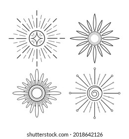 Bohemian sun. Boho signs set. Outline drawing. Vector illustration