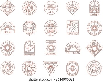 Bohemian sun emblem templates. Boho sunrise sun, minimalist sunset badges with geometric frames, linear sunlight rays. Line art summer sunshine and dawn light vector set with editable stroke paths.