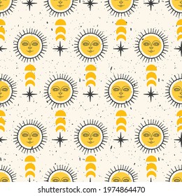 Bohemian Sun with Face and Moon, Stars Vector Seamless Pattern