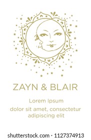 Bohemian Sun And Moon with gold glitters , wedding invitation card template