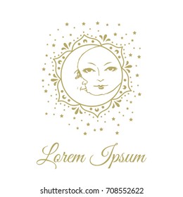 Bohemian Sun And Moon with gold glitters Logo. 