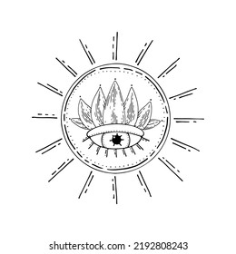 Bohemian Sun moon lotus all seeing eye. Ancient amulet. Symbol of divine power. Gods eye. Hand drawn vector illustration.