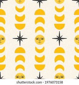 Bohemian Sun and Moon, Stars Mid Century Vector Seamless Pattern