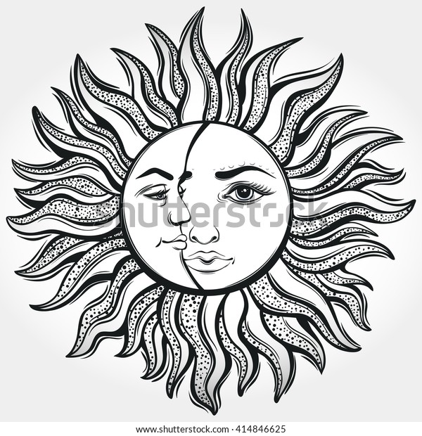 ボヘミアの太陽と月 タトゥーデザイン ベクターイラスト 錬金術記号 のベクター画像素材 ロイヤリティフリー