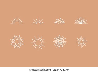 Bohemian sun outline logos collection. Sunset and sunrise item. Minimal emblems set. Boho signs. Elegant badge for company branding. Editable stroke. Vector stock illustration