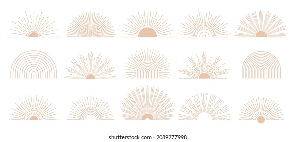 Bohemian sunburst. Bursting sun, half circle sunrise and boho rays vector illustration set