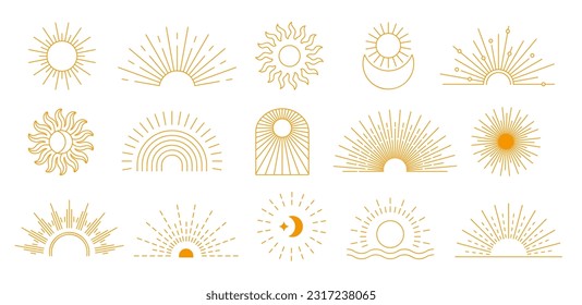 Bohemian sunburst. Sunrise symbol, sun and moon rays. Symbolic celestial boho motifs decoration elements vector set. Sunset on seaside, moonlight with stars minimalistic design, tattoo collection