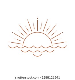 Logotipo lineal bohemio de amanecer o puesta de sol, sol en el mar o olas oceánicas. Rayos solares sagrados tipo vector boho, cuerpo celestial de centelleo, signo de meditación