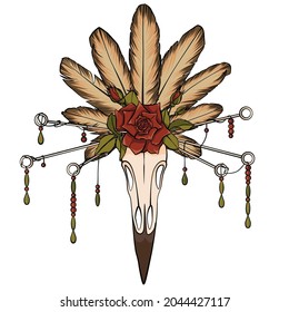 Bohemian tattoo art style illustration with bird's skull and floral background. Witchcraft fantasy print. Hand drawn birds skull and shamanic objects. Сrow skull with feathers of bird.