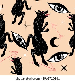 Bohemian Tattoo Art Style Seamless Pattern With Werewolf Eyes And Arrows. Mystic Fantasy Print.