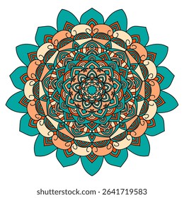 Bohemian Teal and Orange Mandala Art.A vibrant mandala illustration in appealing shades of teal, orange, and cream. Perfect for meditation, spiritual practices, decorative designs.