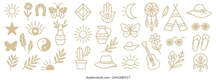 Bohemian themed illustration featuring iconic symbols like butterflies sun dreamcatcher and essential items
