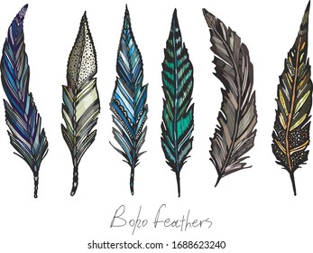 bohemian tracery style set feathers in vector with colorful motif and geometric shapes 