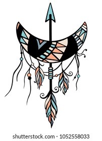 Bohemian tribal dreamcatcher. Ethnic symbol with arrow, decorative feather, and abstract decorative moon. Abstract boho illustration. T-shirt design.