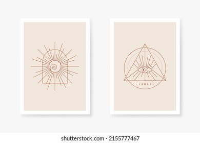 Bohemian and tribal style poster. Astrology, mystery and esoteric symbols in Boho style for poster template. Celestial and magical poster design in Boho style. Vector