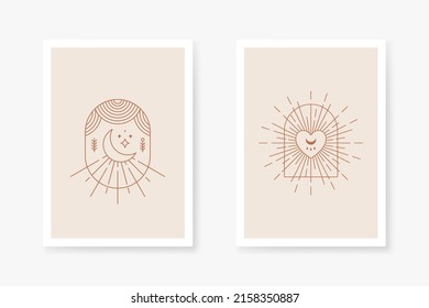 Bohemian and tribal style poster. Astrology, mystery and esoteric symbols in Boho style for poster template. Celestial and magical poster design in Boho style. Vector