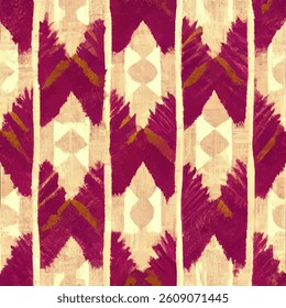 Bohemian tribal-inspired arrow shapes in burgundy and cream, arranged on vertical lines with a soft beige background grunge lines ikat pattern, Vector illustration background for print the paper.