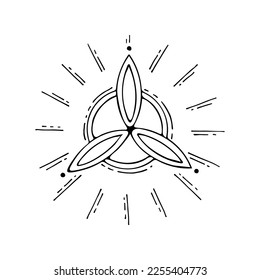 Bohemian triquetra line art. Celtic ancient symbol. Sacred sign in form shamrock. Mysterious ritual triad. Hand drawn vector illustration. Religious Scandinavian symbols. Witch amulet.