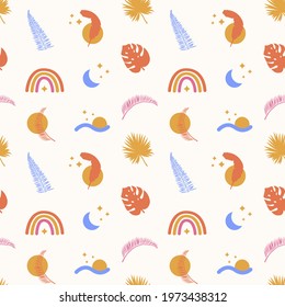 Bohemian Tropical Summer Seamless Pattern with abstract geometric elements and tropical floral palms in bright colors. Trendy boho hand drawn doodle shapes in contemporary flat style. Modern Vector.