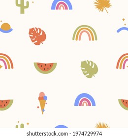 Bohemian Tropical Summer Seamless Pattern with abstract geometric elements, rainbow and tropical floral palm leaf in bright colors. Trendy boho shapes in contemporary flat style. Vector Background.