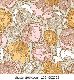 Patrón sin fisuras de Vector de jardín de tulipán bohemio. Hermosa línea de estilo vintage ilustración, dibujado a mano de color rosa pastel, mostaza y flores blancas sobre fondo de menta. Estampado floral