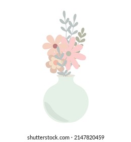Bohemian vase with fancy light orange flowers in simple flat style abstract vector pastel colored illustration, trendy minimalist cozy home decor concept, romantic greeting card, invitation