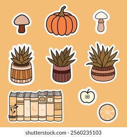 Bohemian Vector Clip Art Set Autumn Vegetables and Books Elements