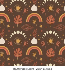 Bohemian vector seamless pattern with rainbow and moon phases. Celestial, floral and esoteric elements. Warm retro colors. 70s background. Dark backdrop.
