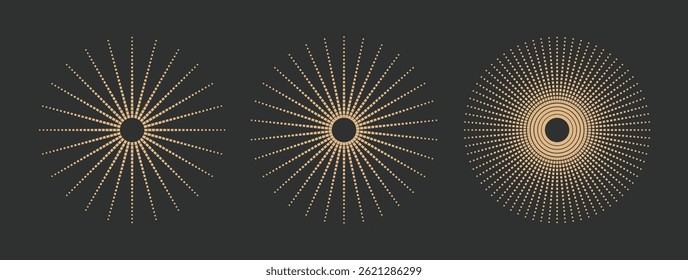 Bohemian vintage gold sunburst, starburst design. Abstract boho round sun, star. Vector line magic art collection.