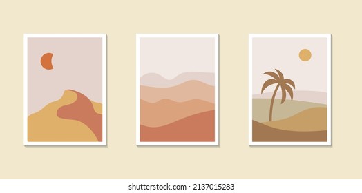 Bohemian wall poster collection. Africa landscape with palm, and dune. Abstract fields and desert. Elegant art design. Trendy decoration. Mid century style. Vector stock illustration