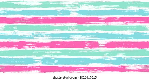 Bohemian watercolor brush stripes seamless pattern. Ice cream green and cyan and  paintbrush lines horizontal seamless texture for background. Hand drown paint strokes decoration artwork. For garment.