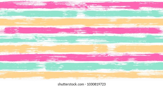 Bohemian watercolor brush stripes seamless pattern. Caramel pink, ice cream yellow and green paintbrush lines horizontal seamless texture for background. Hand drown paint strokes design artwork.