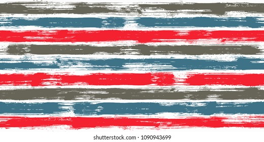 Bohemian watercolor brush stripes seamless pattern. Red, gray and blue paintbrush lines horizontal seamless texture for backdrop. Hand drown paint strokes graphic artwork. For cloth.