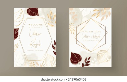 bohemian wedding invitation card with luxury gold leaves
