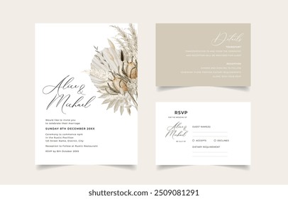 Bohemian Wedding Invitation with Dried Palm leaves, Pampas Grass and Banksia