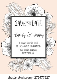 Bohemian Wedding Invitation with Flowers on Pink Background. Save the date design. Hand drawn vector illustration
