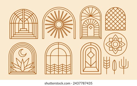 Puertas y ventanas bohemias. Signos y símbolos geométricos bohemios. Arco lineal, logotipo de contorno en estilo boho. Elementos de diseño abstracto. Ilustración vectorial.