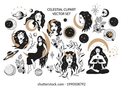 Bohemian woman and planet boho decorative vector logo set. Feminine alchemy icon symbol, tattoo graphic shape design, ethnic sketch.