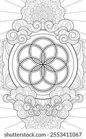 Bohemian zentangle coloring page with asian clouds and zentangle mandala. Black and white witchcraft vector art. Wiccan illustration. Tarot deck design.