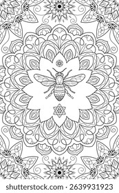 Bohemian zentangle coloring page with a bee. Black and white witchcraft vector art. Wiccan illustration.