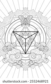 Bohemian zentangle coloring page with butterfly, clouds and sacred geometry merkabah symbol. Black and white witchcraft vector art. Wiccan illustration.