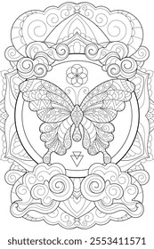 Bohemian zentangle coloring page with butterfly, clouds and zentangle mandala. Black and white witchcraft vector art. Wiccan illustration. Tarot deck design.