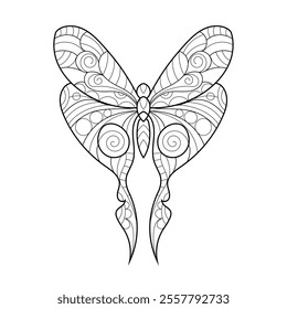 Bohemian zentangle coloring page with butterfly filled with zentangle ornaments. Black and white witchcraft vector art. Wiccan butterfly tattoo illustration. 