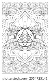 Bohemian zentangle coloring page with clouds, sacred geometry merkabah symbol and zentangle mandala. Black and white witchcraft vector art. Wiccan illustration. Tarot deck design.